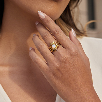 304 Stainless Steel & Resin Cuff Open Rings Sets for Women, Sun, Stackable Rings, Real 18K Gold Plated, 8~8.5mm,17~17.5mm, 3pcs/set