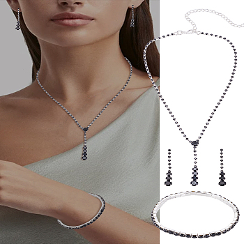 1 Set Alloy & Rhinestone Teardrop Jewelry Set, Stud Dangle Earrings & Pendant Necklace & Chain Bracelet Set for Women, Silver, 320mm
