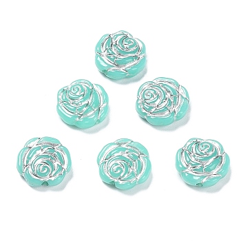Opaque Acrylic Beads, Metal Enlaced, Rose, Aquamarine, 13.5x14x4.5~5mm, Hole: 1.6mm, about 950pcs/500g