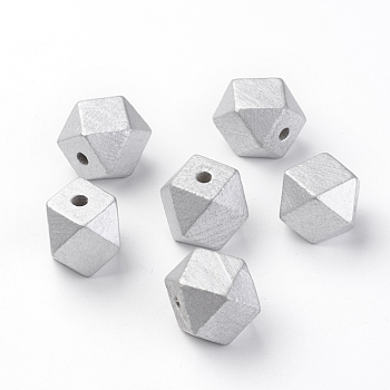 Spray Painted Natural Wooden Beads, Polygon, Silver, 20x18~20x18~20mm, Hole: 3.5mm
