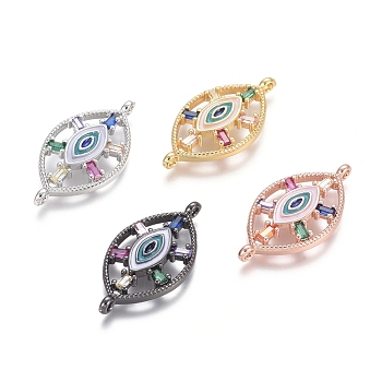 Brass Micro Pave Cubic Zirconia Links connectors, with Enamel, Horse Eye with Evil Eye, Colorful, Mixed Color, 13.5x26.5x3.5mm, Hole: 1.2mm