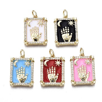 Brass Micro Pave Clear Cubic Zirconia Pendants, with Enamel and Jump Rings, Cadmium Free & Nickel Free & Lead Free, Real 16K Gold Plated, Rectangle with Hand & Moon & Sun, Mixed Color, 19.5x14.5x3mm, Jump Ring: 5x1mm, 3mm inner diameter