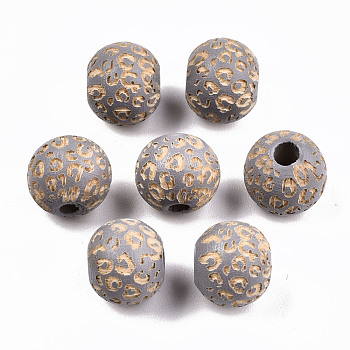 Painted Natural Wood Beads, Laser Engraved Pattern, Round with Leopard Print, Light Grey, 10x8.5mm, Hole: 2.5mm