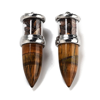 Natural Tiger Eye Pointed Big Pendants, Bullet Charms with Stainless Steel Color Plated Stainless Steel Findings, 51.5x16.5mm, Hole: 6x4.5mm