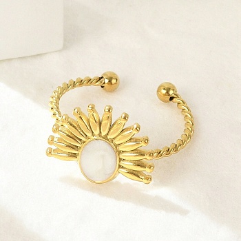 Flower 304 Stainless Steel Enamel Open Cuff Rings for Women, Golden, White, Flower: 13x15mm, Inner Diameter: Adjustable