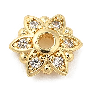 Rack Plating Brass Micro Pave Cubic Zirconia Bead Caps, Cadmium Free & Lead Free, 6-Petal Flower, Real 18K Gold Plated, 8x7x2.5mm, Hole: 1.2mm