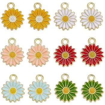 48Pcs 6 Colors Alloy Enamel Charms, Light Gold, Sunflower Charm, Mixed Color, 17x13x2mm, Hole: 2mm, 8pcs/color