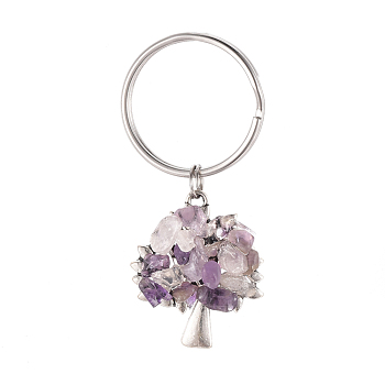 Chip Natural Amethyst Keychain, with Antique Silver Plated Alloy Pendants and 316 Surgical Stainless Steel Split Key Rings, Tree, 55mm