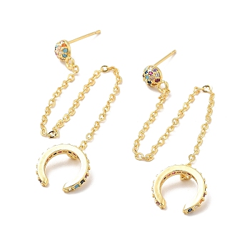 Colorful Cubic Zirconia Studs Earring with Ear Cuff Droping Chains, Brass Cuffs Tassel Earrings for Women, Cadmium Free & Nickel Free & Lead Free, Real 18K Gold Plated, 98.5mm, Pin: 0.8mm