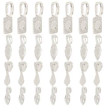 24Pcs 4 Style Rack Plating Brass Glue-on Flat Pad Bails, Teardrop & Leaf & Rectangle, Platinum & Silver, 16~29x6~10x1.5~7mm, Hole: 3~10x2~7mm, 6Pcs/style