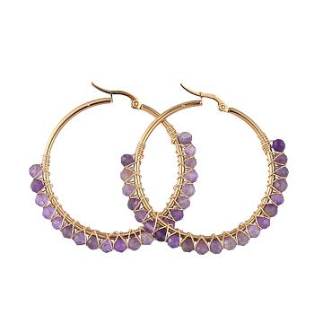 Beaded Hoop Earrings, with Natural Amethyst Beads, Golden Plated 304 Stainless Steel Hoop Earrings, 50mm, Pin: 0.6x1mm