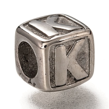 304 Stainless Steel European Beads, Large Hole Beads, Horizontal Hole, Cube with Letter, Stainless Steel Color, Letter.K, 8x8x8mm, Hole: 4.5mm