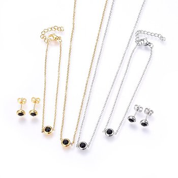 304 Stainless Steel Jewelry Sets, Pendant Necklaces & Stud Earrings & Bracelets, with Rhinestones, Flat Round, Black, Mixed Color, 16.54 inch(42cm), 6-3/4 inch(17cm), 6.5x3.5mm, Pin: 0.8mm