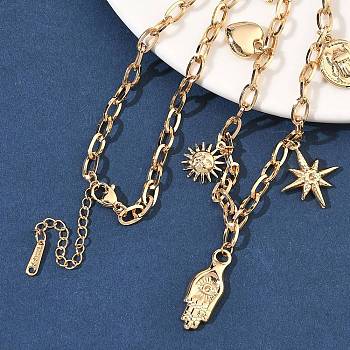 304 Stainless Steel Hamsa Hand Heart Sun Pendant Bib Necklaces for Women, Ion Plating(IP), with Acrylic Imitation Pearl, White, Real 18K Gold Plated, 15.79 inch(40.1cm)