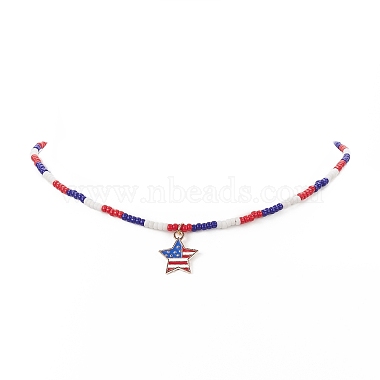 Independence Day Alloy Enamel Star Pendant Necklace with Glass Beaded Chains for Women(NJEW-TA00056)-4