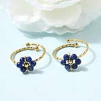 Adjustable 304 Stainless Steel Natural Lapis Lazuli Cuff Open Rings, Flower, Ion Plating(IP), Real 18K Gold Plated, 17mm(RJEW-P187-01G-03)