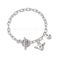 Brass Love Heart Charm Bracelet with Iron Oval Link Chains, Platinum, 7-1/4 inch(18.5cm)(BJEW-JB10172)