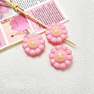 Dopamine Style Opaque Acrylic Beads, Flower with Smiling, Pink, 23.5x24x11.5mm, Hole: 3.5mm(SACR-Z002-01E)