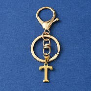 304 Stainless Steel Initial Letter Charm Keychains, with Alloy Clasp, Golden, Letter T, 8.5cm(KEYC-YW00005-20)
