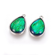 Synthetic Ammolite Pendants, with Brass Findings, teardrop, Platinum, 23x15x5~5.5mm, Hole: 1.5mm(X-G-F610-11P)