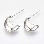 Brass Half Hoop Earrings, Crescent Moon Stud Earrings, Nickel Free, Real Platinum Plated, 20~24x12~14mm, Pin: 0.7mm(X-KK-R117-035P-NF)