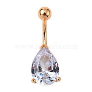 Real 18K Gold Plated Teardrop Brass Cubic Zirconia Navel Ring Navel Ring Belly Rings, with 304 Stainless Steel Bar, Clear, 28x11mm, Bar Length: 3/8"(10mm), Bar: 14 Gauge(1.6mm)(AJEW-EE0001-13B)