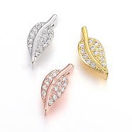 Brass Micro Pave Cubic Zirconia Slide Charms, Long-Lasting Plated, Cadmium Free & Nickel Free & Lead Free, Leaf, Clear, Mixed Color, 14x6x5mm, Hole: 2x10mm(ZIRC-G147-16-NR)