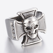 304 Stainless Steel Ring Beads, Large Hole Beads, Cross with Skull Head, Antique Silver, 11.5x11.5x13mm, Hole: 8.5mm(STAS-H446-76AS)