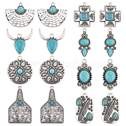 16Pcs 8 Style Resin Imitation Turquoise Pendants, with Antique Silver Plated Zinc Alloy Findings, Mixed Shapes, 24.5~37x12.5~30mm, Hole: 1~3mm,  2pcs/style(FIND-SC0007-68)