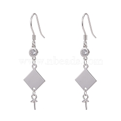 925 Sterling Silver Dangle Earring Findings, with Cubic Zirconia, For Half Drilled Beads, Rhombus, Clear, Platinum, 41x10mm; Pin: 0.5mm(STER-L057-035P)