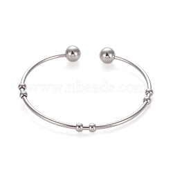 201 Stainless Steel Cuff Bangles, Torque Bangles, with Round Beads, Stainless Steel Color, 5.3~6x4~5.5cm(BJEW-E364-BP14)