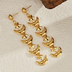 304 Stainless Steel Dangle Stud Earrings, Moon with Star, Real 18K Gold Plated, 83x16mm(EJEW-P289-06G)