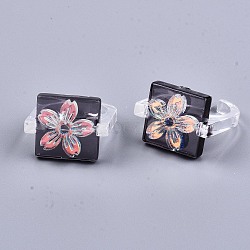 Transparent Resin Cuff Rings, Open Rings, AB Color Plated, Square with Sakura, Black, US Size 8 1/2(18.5mm)(RJEW-T017-03B)