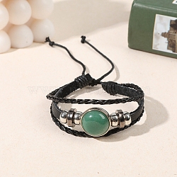 Natural Green Aventurine Flat Round Link Multi-strand Bracelets, PU Leather Braided Triple Layer Bracelets for Men Women, Inner Diameter: 2-1/8~2-1/2 inch(5.5~6.5cm)(PW-WGD176F-01)