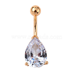 Real 18K Gold Plated Teardrop Brass Cubic Zirconia Navel Ring Navel Ring Belly Rings, with 304 Stainless Steel Bar, Clear, 28x11mm, Bar Length: 3/8"(10mm), Bar: 14 Gauge(1.6mm)(AJEW-EE0001-13B)