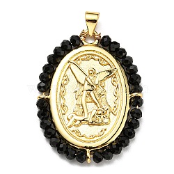 Brass with Glass Pendants, Cadmium Free & Lead Free, Real 18K Gold Plated, Oval with Angel Pattern, Black, 35x26x3mm, Hole: 3.5x4mm(KK-G472-05G-02)