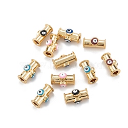 Real 18K Gold Plated Brass Tube Beads, with Enamel, Column with Evil Eye
, Mixed Color, 15x8.5x7mm, Hole: 3.5mm(KK-A155-26G)
