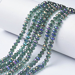 Electroplate Transparent Glass Beads Strands, Full Rainbow Plated, Faceted, Rondelle, Medium Sea Green, 6x5mm, Hole: 1mm, about 85~88pcs/strand, 16.1~16.5 inch(41~42cm)(EGLA-A034-T6mm-G02)