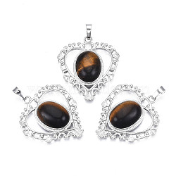 Natural Tiger Eye Pendants, with Rack Plating Platinum Tone Brass Findings, Heart, 38.5x34x8mm, Hole: 7x5mm(G-S274-12L)