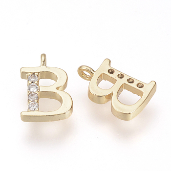 Brass Cubic Zirconia Charms, Nickel Free, Real 18K Gold Plated, Letter.B, 11x7x2mm, Hole: 1mm