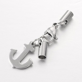 304 Stainless Steel Lobster Claw Clasps, with Cord Ends and Anchor Charms, Stainless Steel Color, 42mm, Hole: 3mm