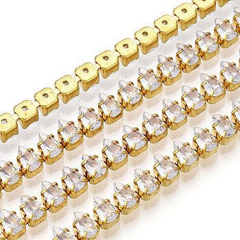 Teardrop Cubic Zirconia Strass Chains, Gold Plated Brass Link Chains, Soldered, with Spool, Clear, 5mm, about 16.40 Feet(5m)/Roll