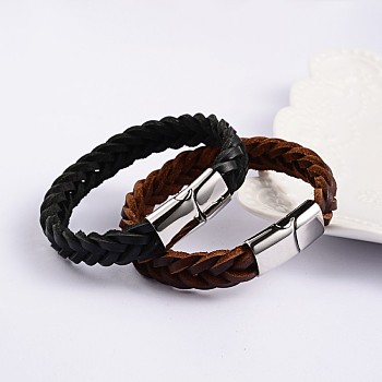 Trendy Leather Braided Cord Bracelets, with 304 Stainless Steel Magnetic Clasps, Mixed Color, 215x12x6mm