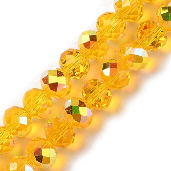 AB Color Plated Transparent Electroplate Beads Strands, Faceted, Round, Gold, 7.5x6mm, Hole: 1mm, about 80~83pcs/strand, 18.31~19.88''(46.5~50.5cm)