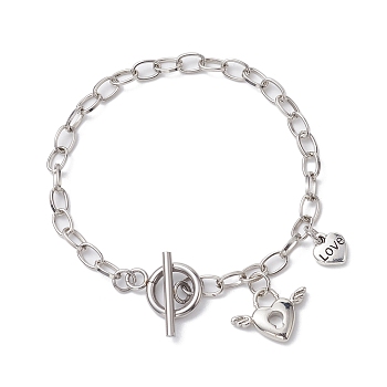 Brass Love Heart Charm Bracelet with Iron Oval Link Chains, Platinum, 7-1/4 inch(18.5cm)