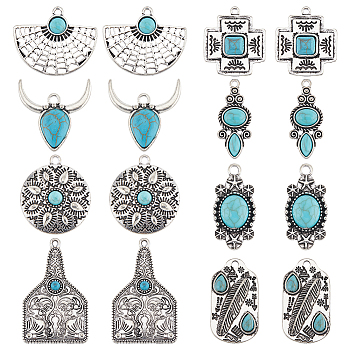 16Pcs 8 Style Resin Imitation Turquoise Pendants, with Antique Silver Plated Zinc Alloy Findings, Mixed Shapes, 24.5~37x12.5~30mm, Hole: 1~3mm,  2pcs/style