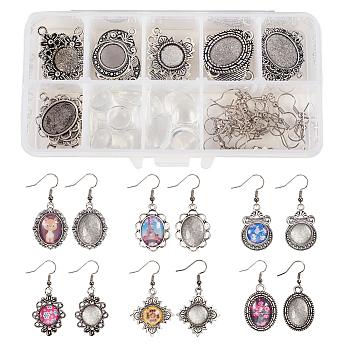 DIY Earring Making, with Tibetan Style Alloy Pendant Cabochon Settings, Transparent Glass Cabochons and Brass Earring Hooks, Mixed Color, 13.5x7x3cm