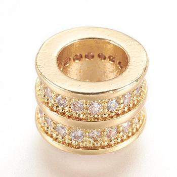 Brass Micro Pave Cubic Zirconia European Beads, Large Hole Beads, Real 18K Gold Plated, Column, Golden, 8x6mm, Hole: 5mm