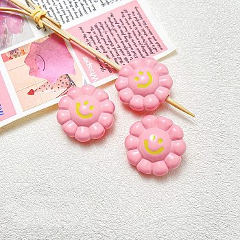 Dopamine Style Opaque Acrylic Beads, Flower with Smiling, Pink, 23.5x24x11.5mm, Hole: 3.5mm