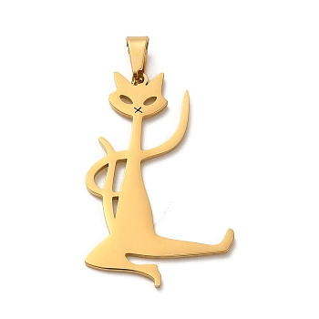 304 Stainless Steel Pendants, Laser Cut, Kung Fu Cat Charm, Real 18K Gold Plated, 34x21x1mm, Hole: 6x3mm
